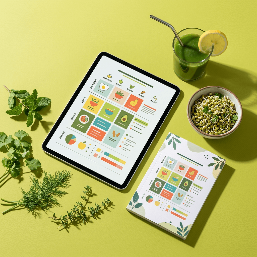 Healthy meal plan booklet and tablet surrounded by fresh herbs and green juice