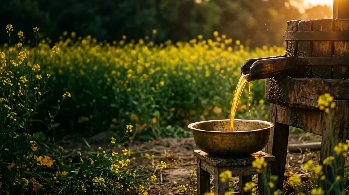 Golden mustard oil pouring from a traditional wooden press into a brass bowl beside a field of mustard flowers